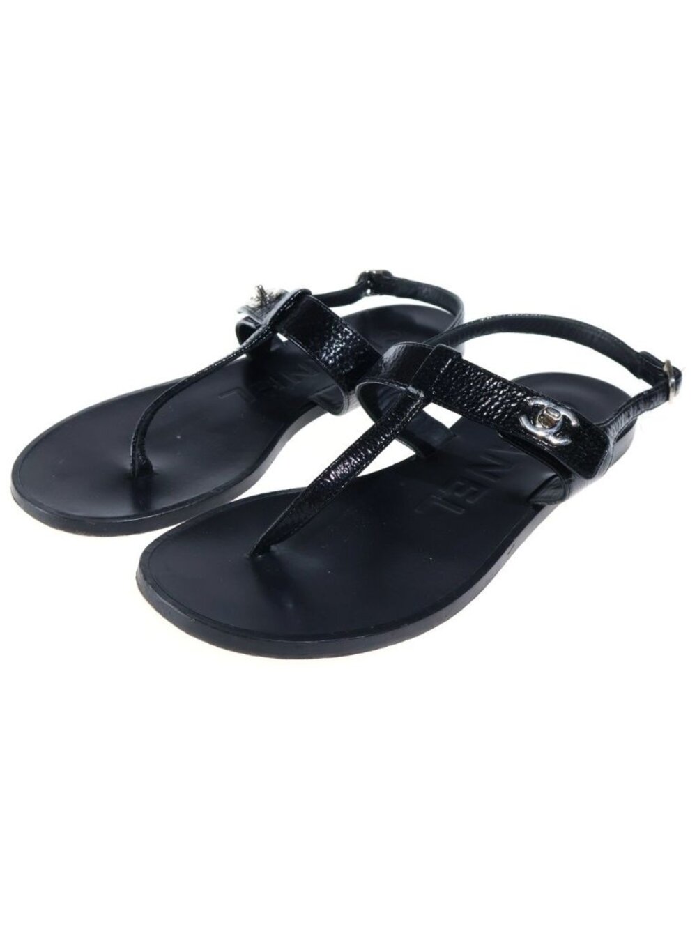 Chanel Leather Sandals CC Logo Thong Shoes Silver Black